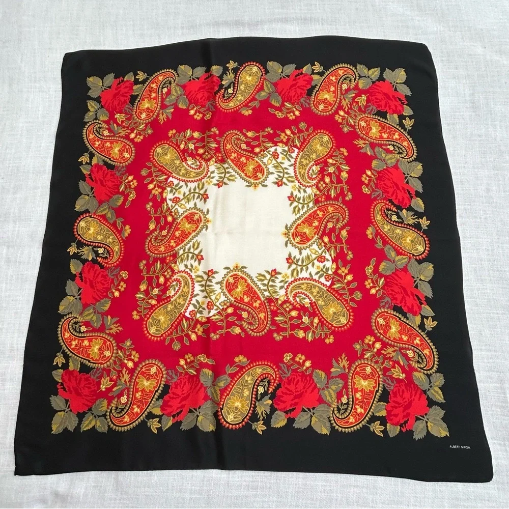 Albert Nipon Vintage Floral Paisley Signed Logo Scarf 30”x31”